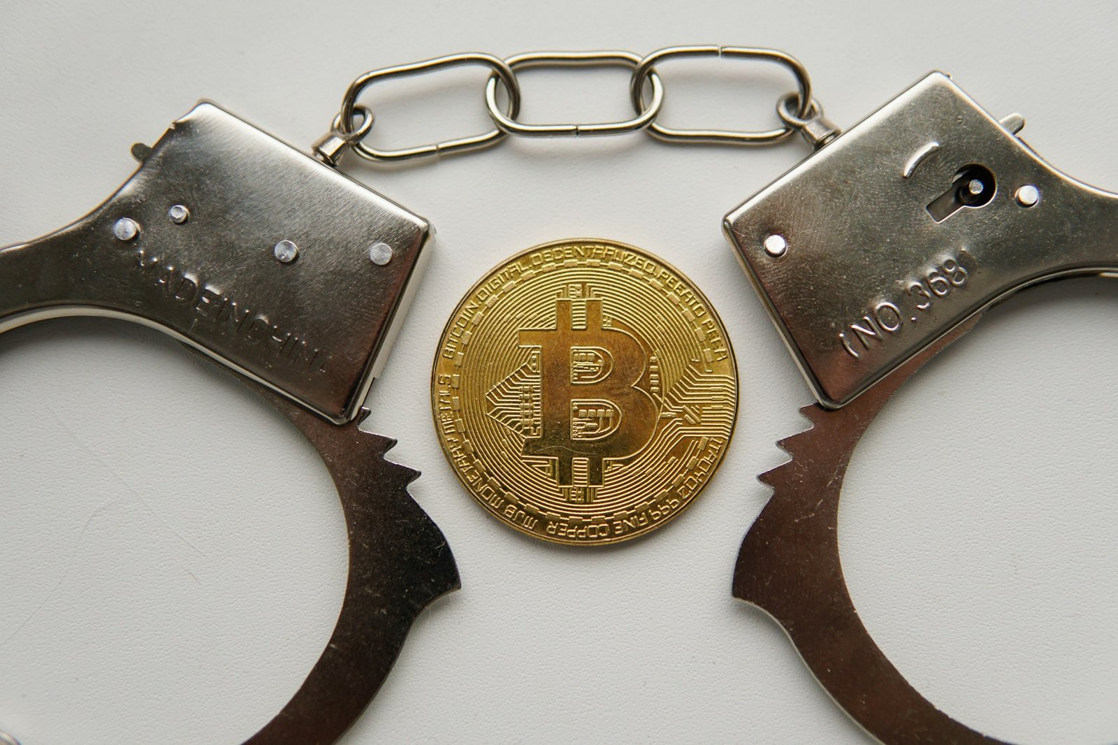 Golden bitcoin btc and handcuffs on the table. Regulation and fraud of cryptocurrencies.